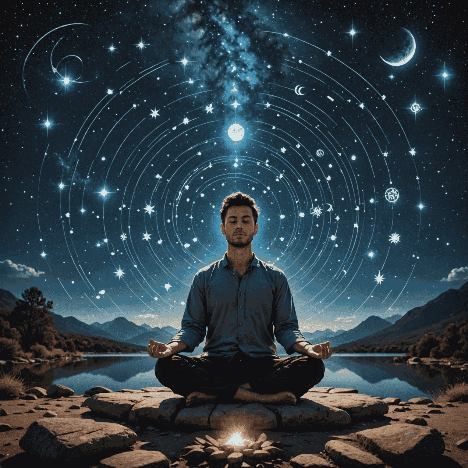 Imagen de una persona meditando bajo un cielo estrellado con símbolos astrológicos flotando alrededor